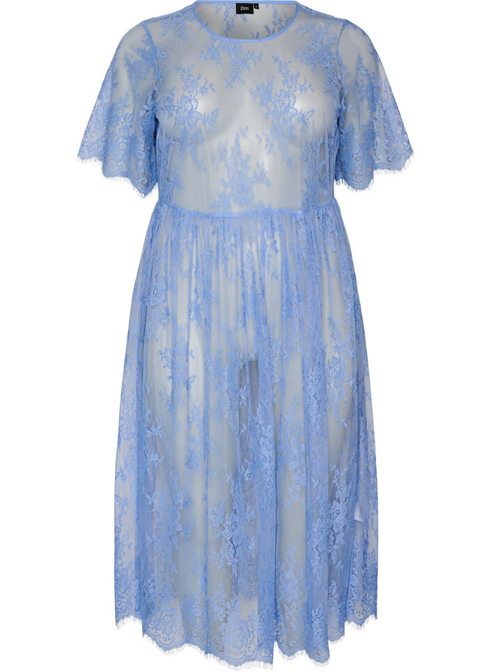 Kanten midi jurk met korte mouwen van doorschijnende kant, Paars, Packshot image number 0