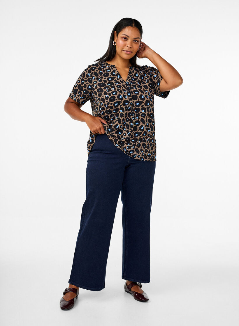 Blouse met korte mouwen en V-hals, Bruin, Model image number 1