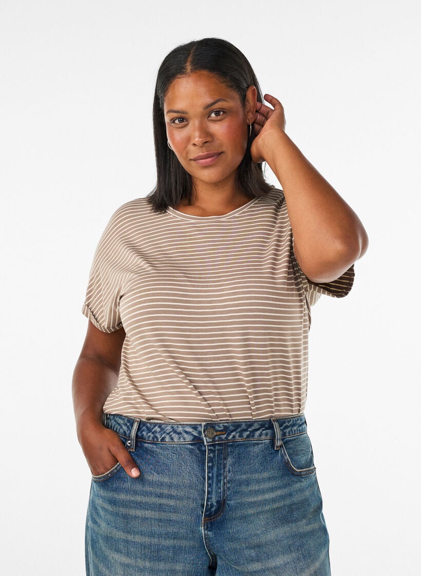 Gestreept T-shirt in viscose met een ronde hals, Beige, Model image number 0