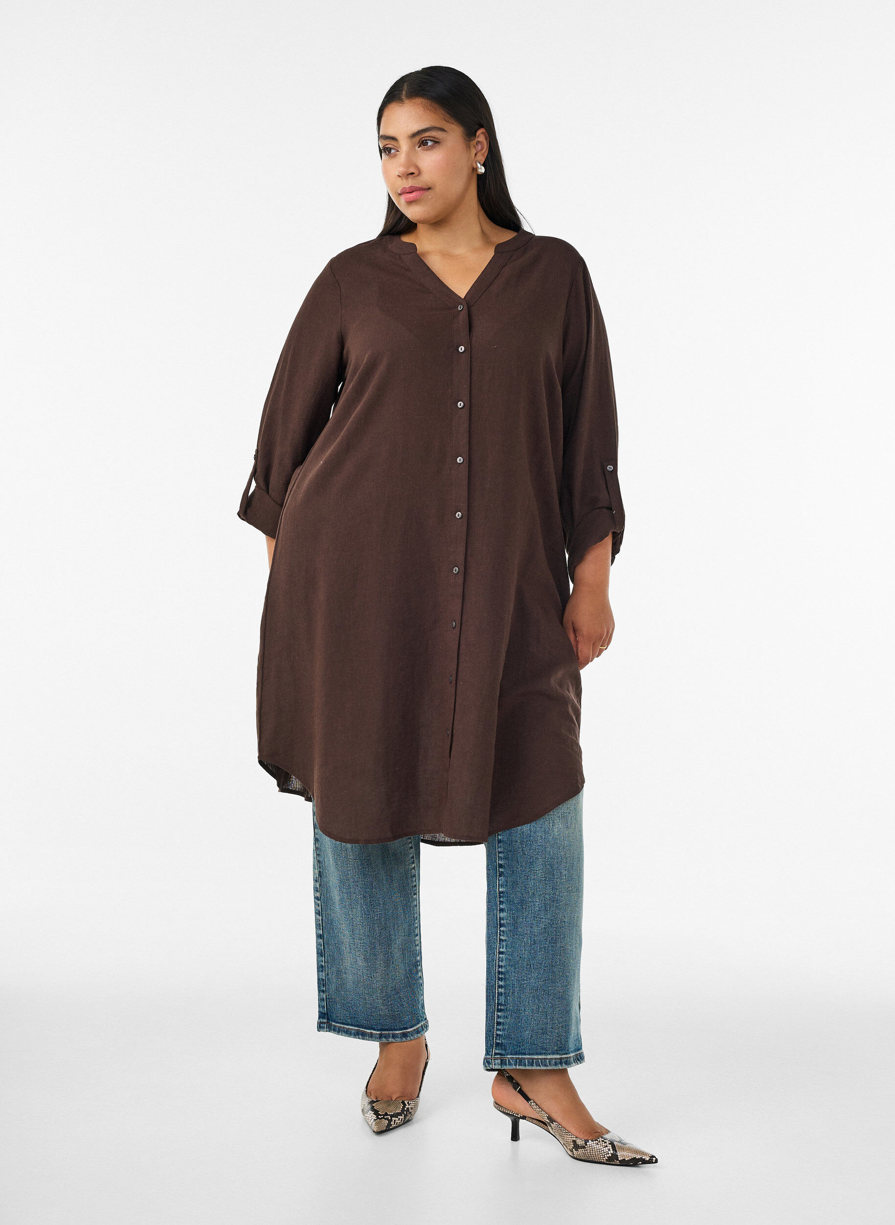 ZizziLang shirt in linnen en viscose, Bruin, Model image number 0
