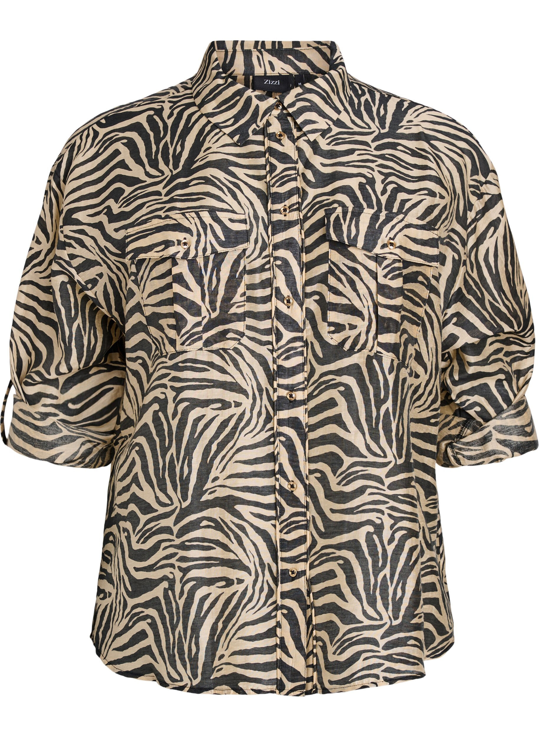 Zizzi Los shirt met dierenprint en borstzakken, Zwart, Packshot image number 0
