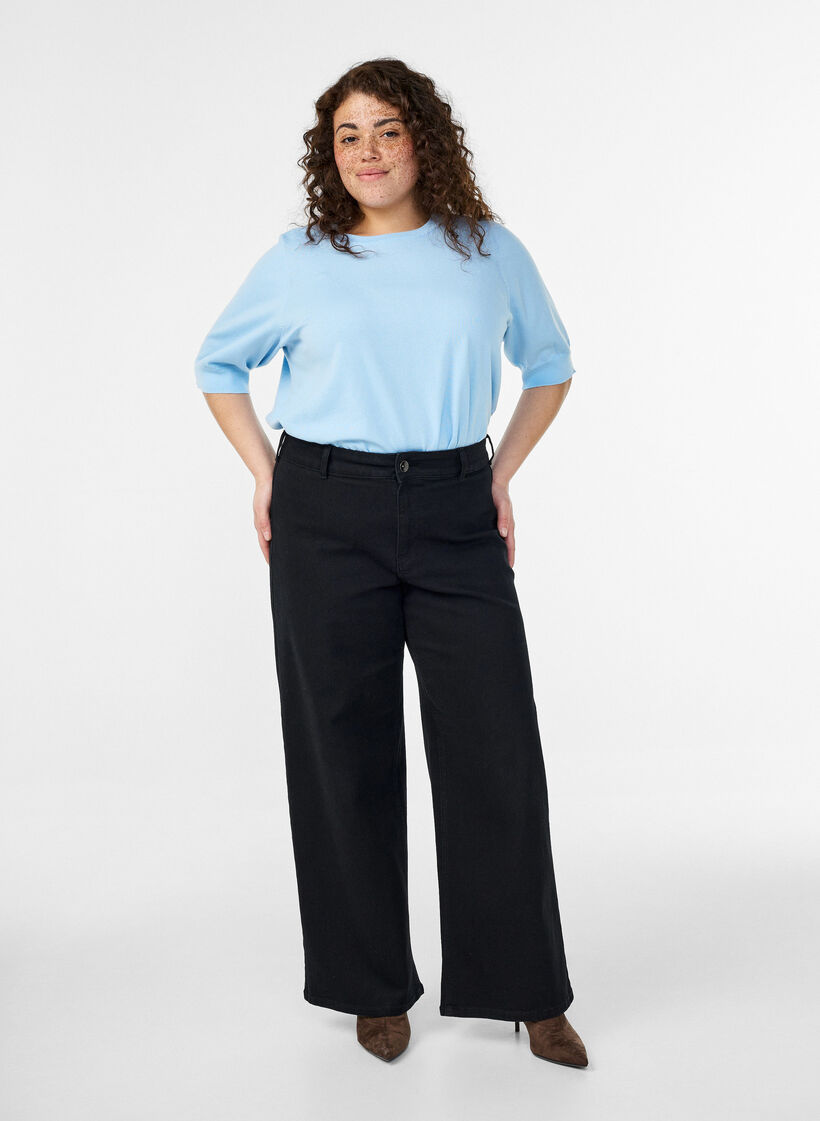 Fijngebreide blouse met korte mouwen, Blauw, Model image number 1
