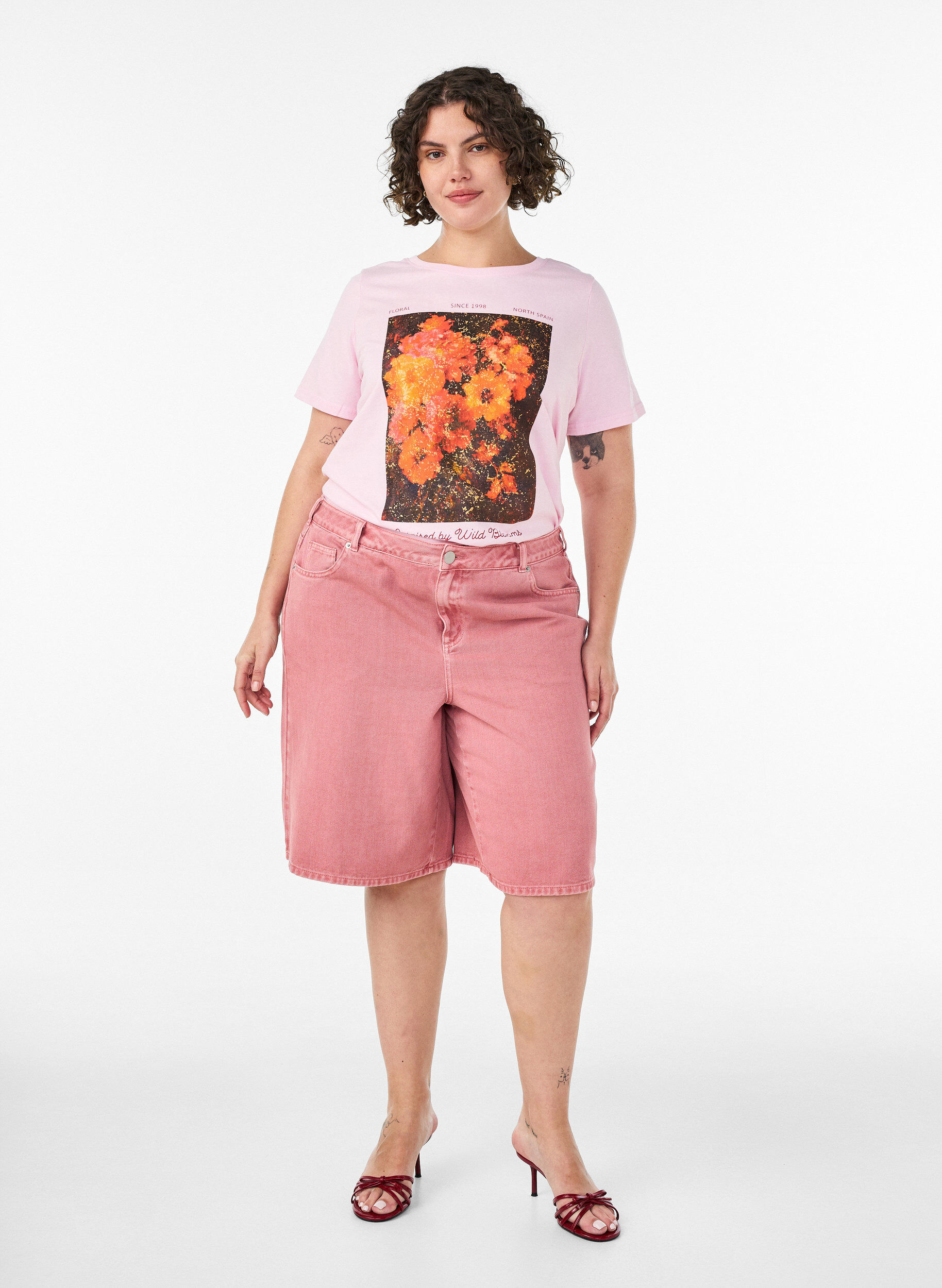 ZizziKatoenen T-shirt met print aan de voorkant, Roze, Model image number 1