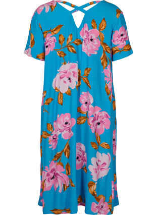 Viscose midi-jurk met bloemenprint, Blue Pink Flower, Packshot image number 1