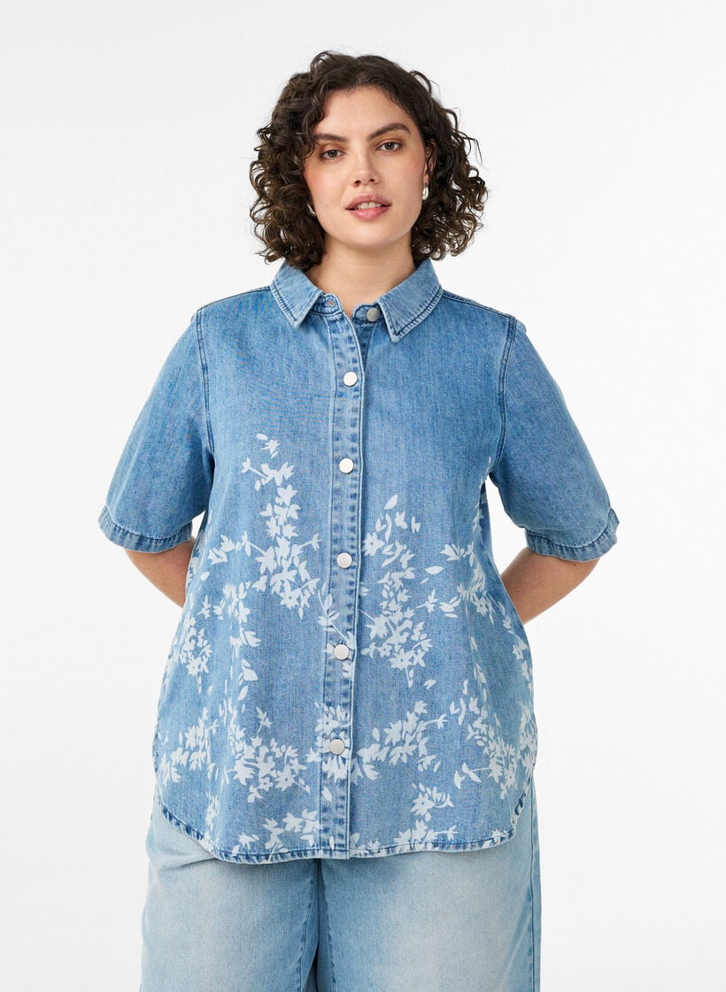 Denimshirt met bloemenprint en korte mouwen, Blauw, Model image number 0