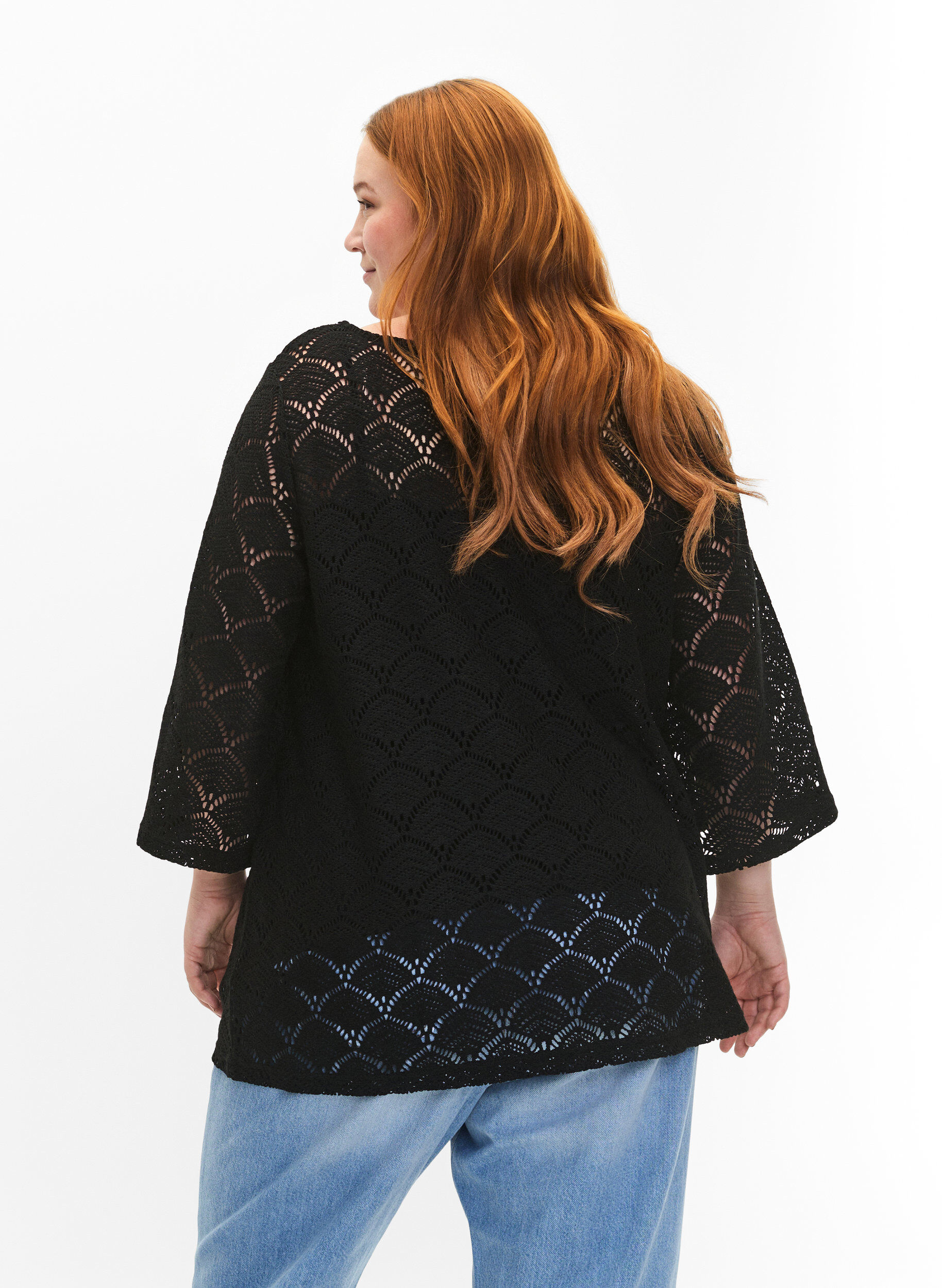 Zizzi Crochet Blouse met 3/4 mouw, Black, Model image number 1