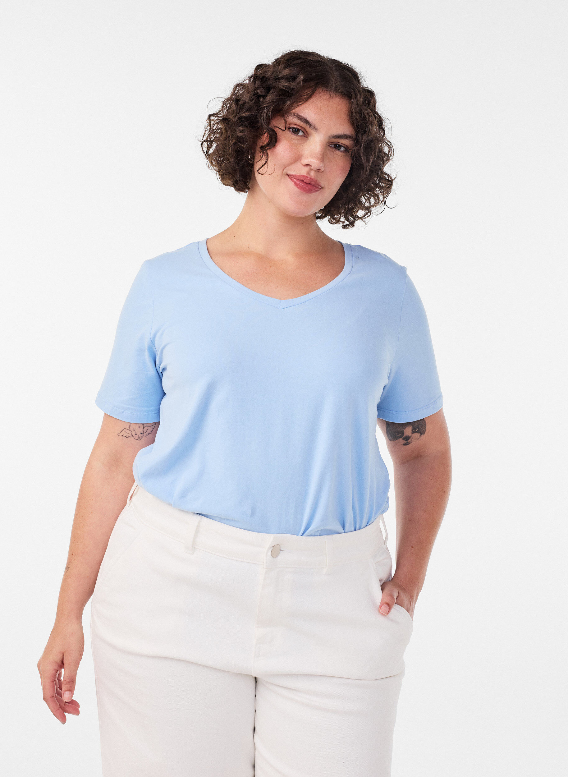 ZizziBasic t-shirt in effen kleur met katoen, Blauw, Model image number 0