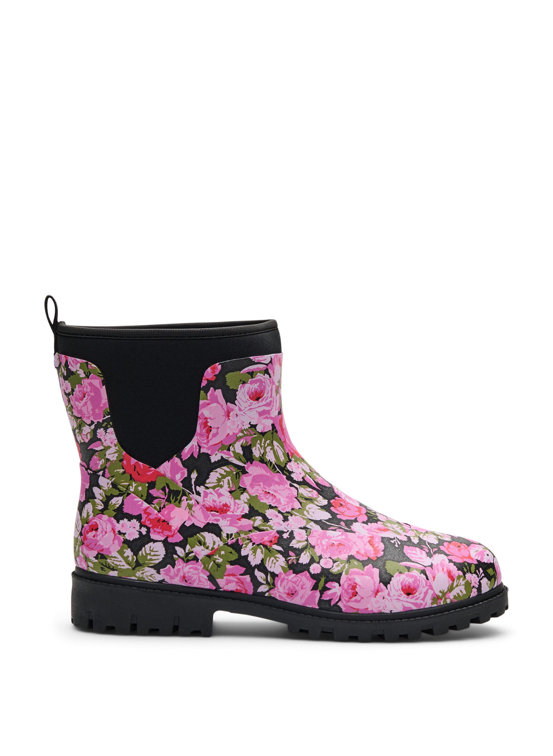 Zizzi Wide fit - Korte regenlaarzen met elastische neopreen schacht, Flower AOP, Packshot image number 0