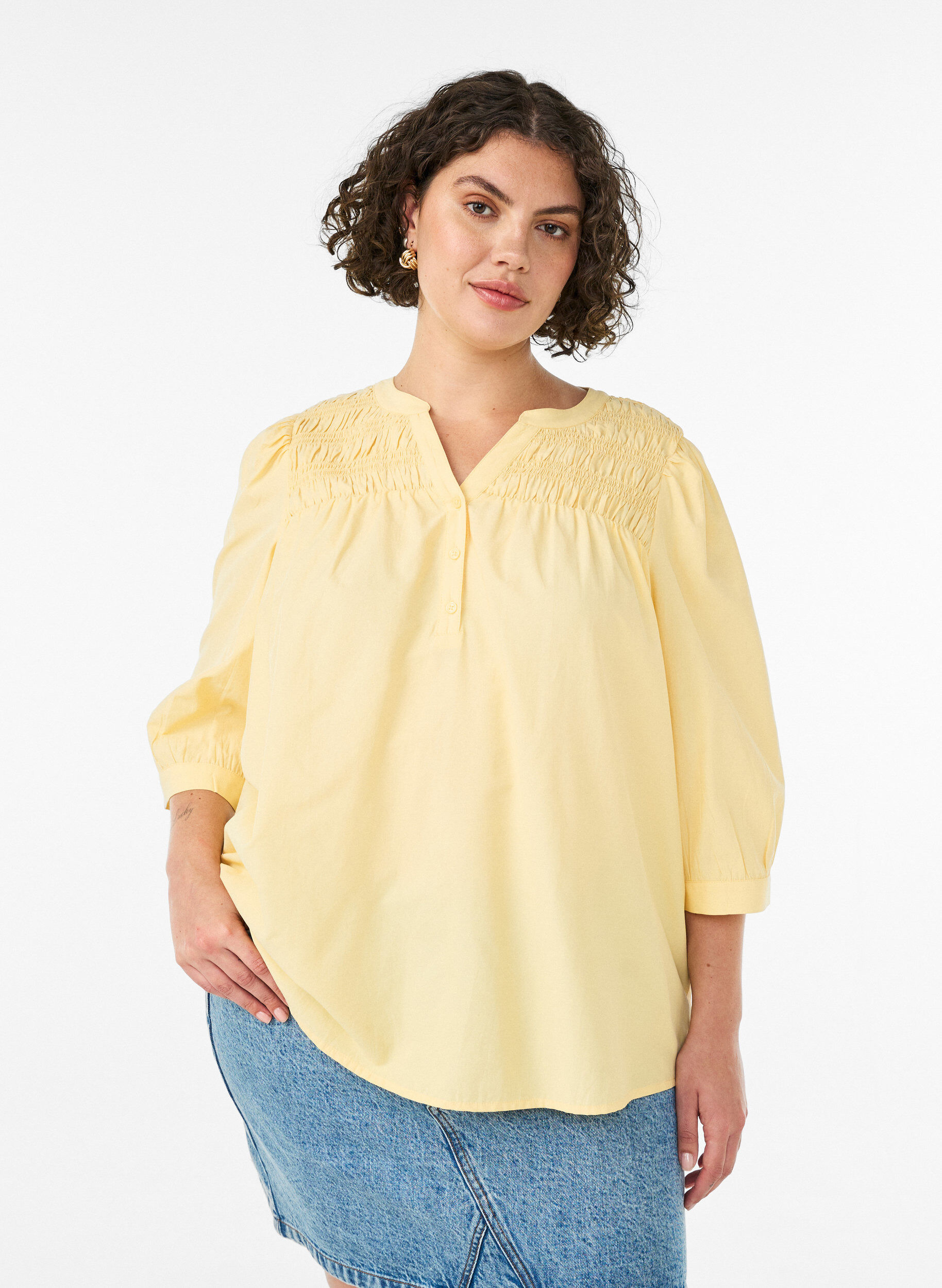 Blouse met smock en 3/4 mouwen, Geel, Model