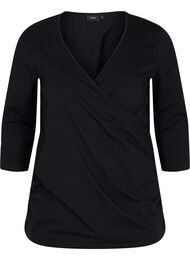 Katoenen blouse met 3/4 mouwen en wikkel, Black