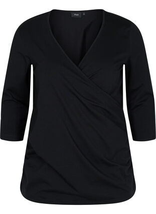 Katoenen blouse met 3/4 mouwen en wikkel, Black, Packshot image number 0