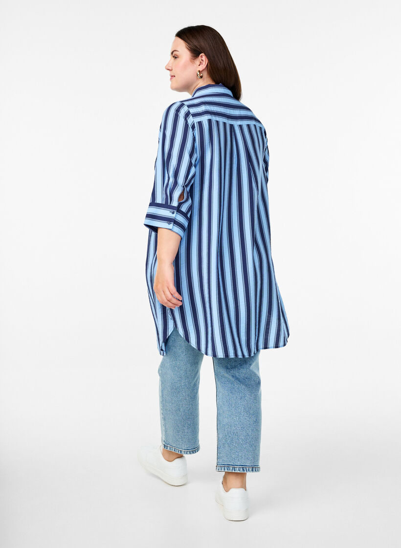 Korte jurk met kraag en borstzak, Blauw, Model image number 2