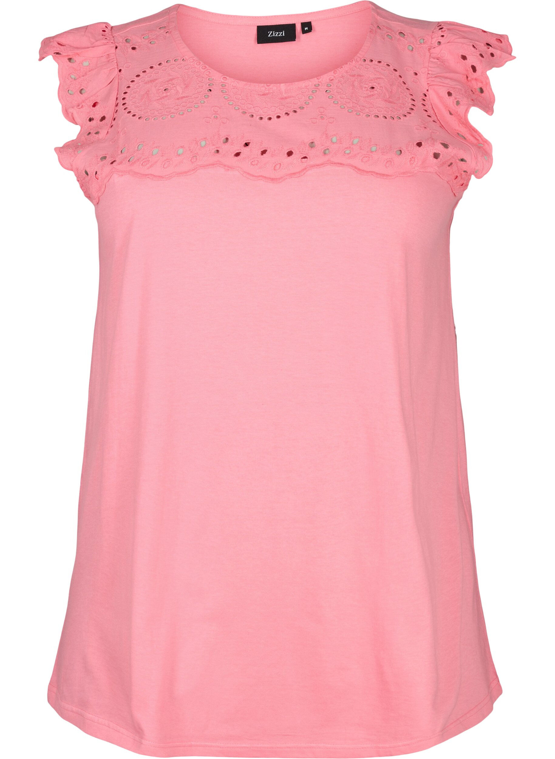 Zizzi T-shirt van biologisch katoen met broderie anglaise, Strawberry Pink , Packshot image number 0