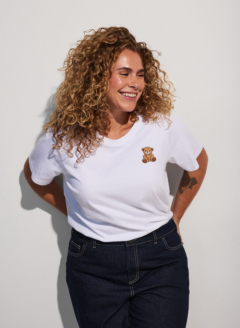 T-shirt van biologisch katoen met teddybeermotief, Wit, Model image number 0