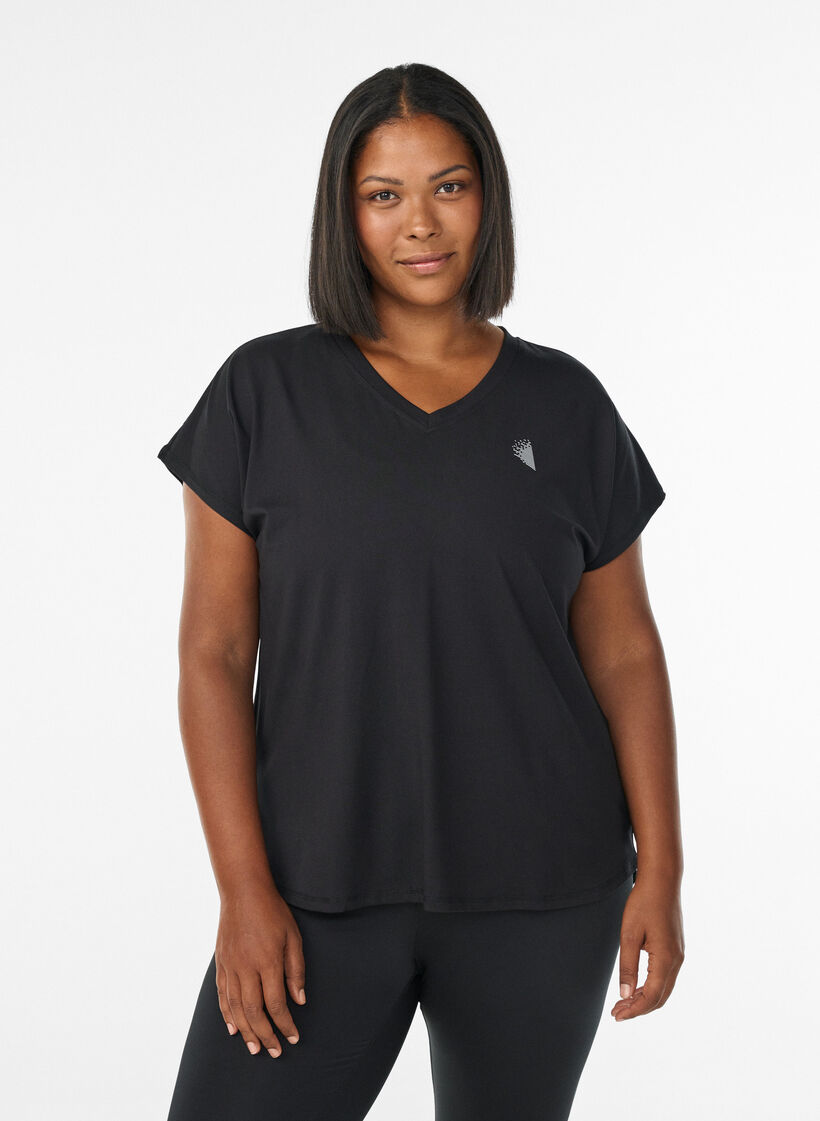 Sportief t-shirt met korte mouwen en v-hals, Zwart, Model image number 0