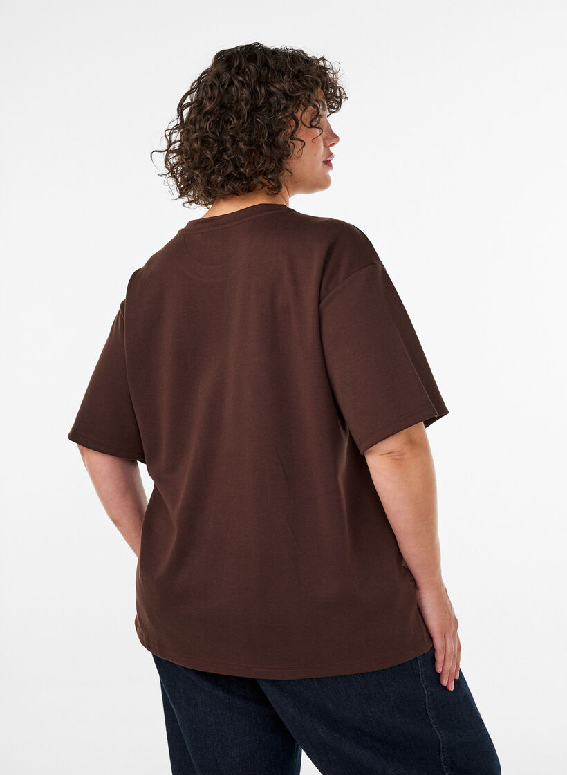 T-shirt met strass-steentjes en ronde hals, Bruin, Model image number 2