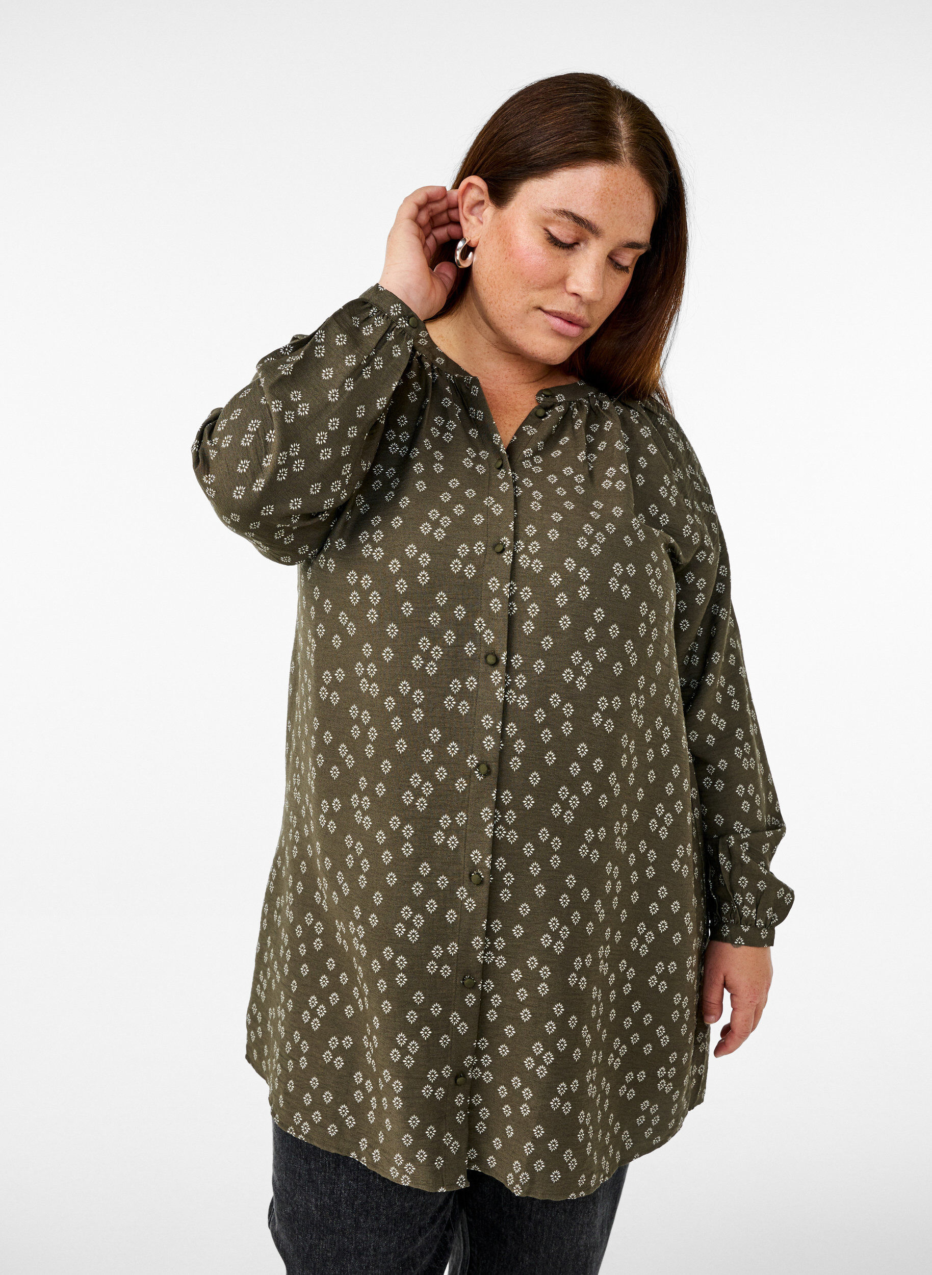 Zizzi Tunic met lange mouwen en bloemenprint, Groen, Model image number 0