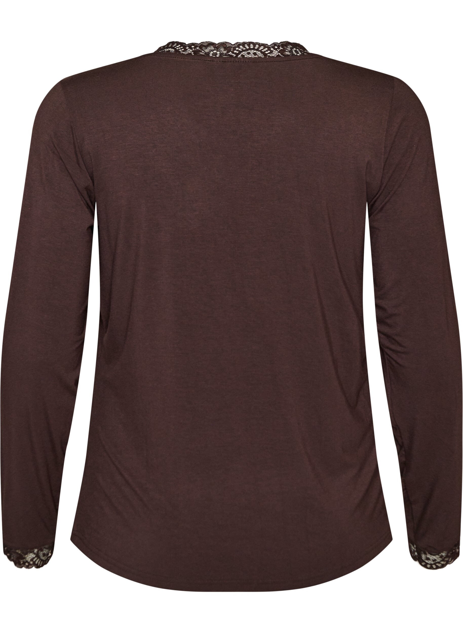 ZizziViscose blouse met kanten afwerking en V-hals, Bruin, Packshot image number 1