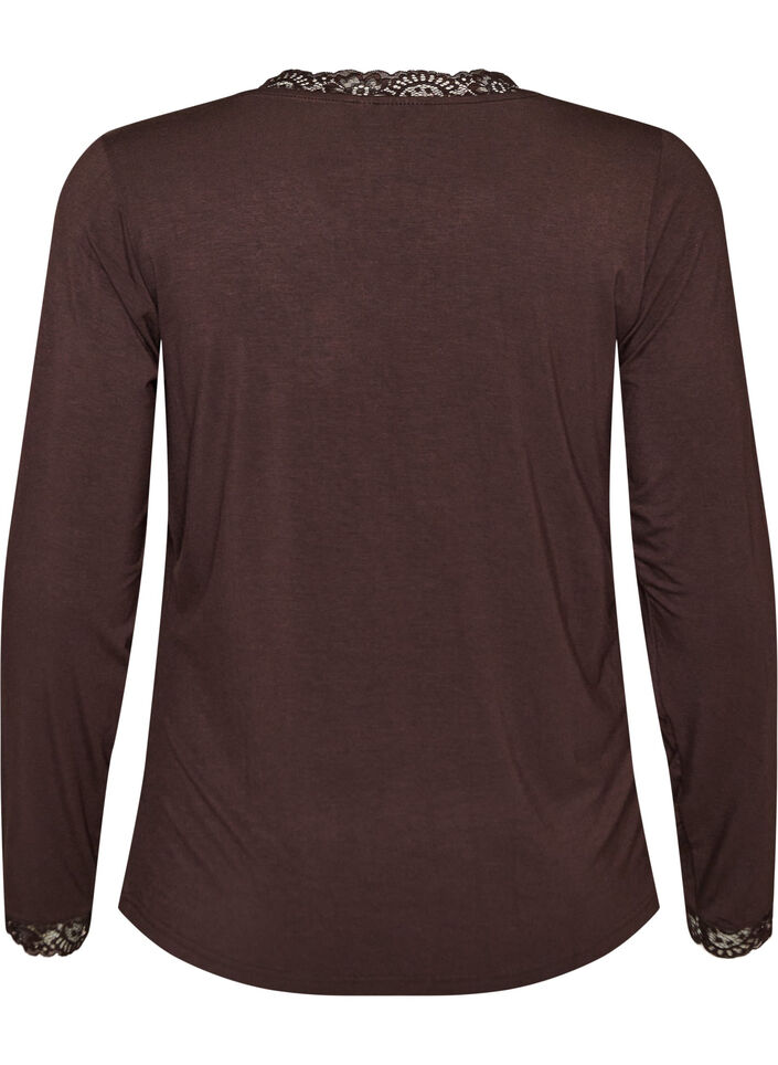 Viscose blouse met kanten afwerking en V-hals, Bruin, Packshot image number 1