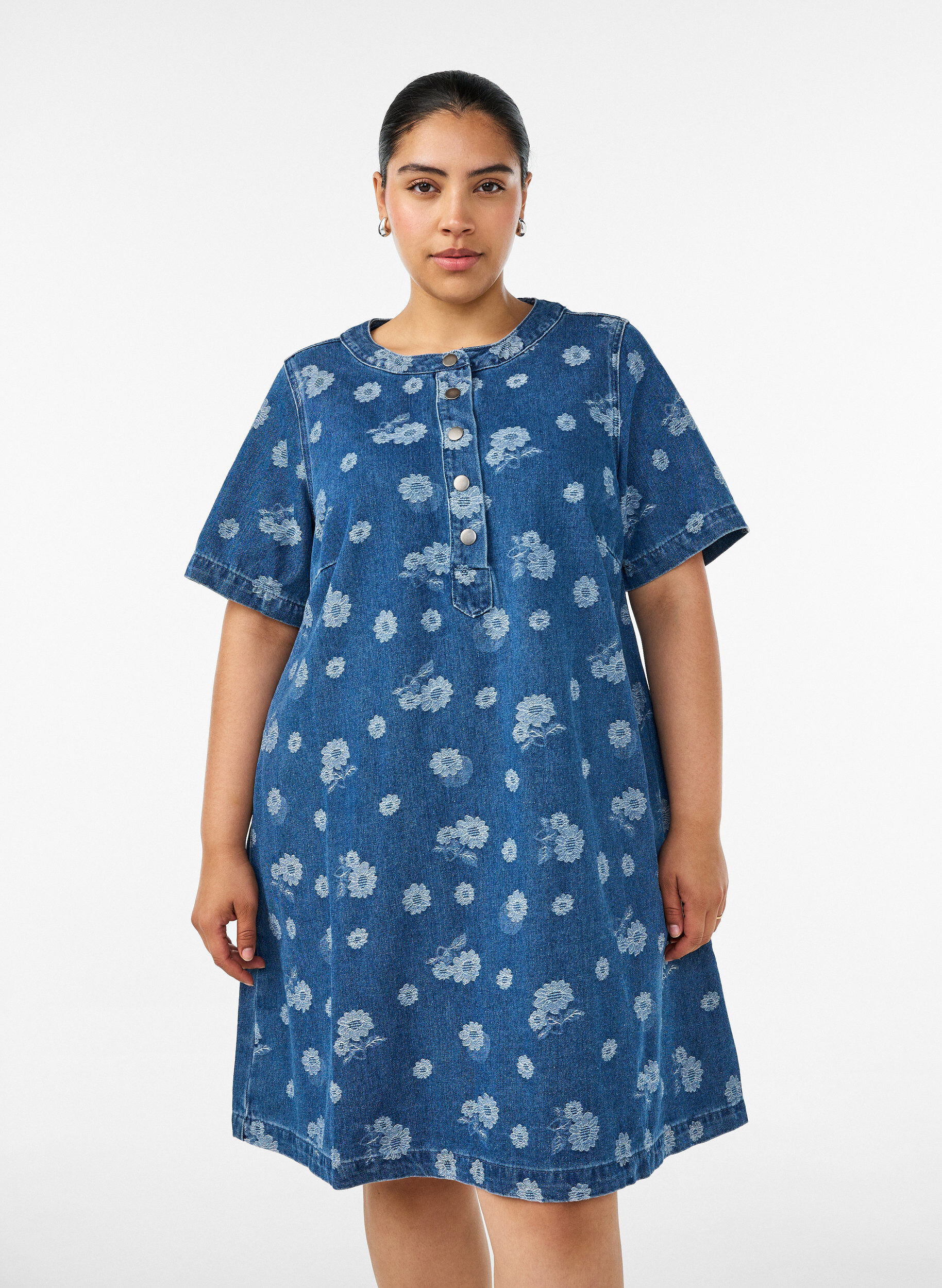 A-lijn denimjurk met bloemenpatroon, Blauw, Model