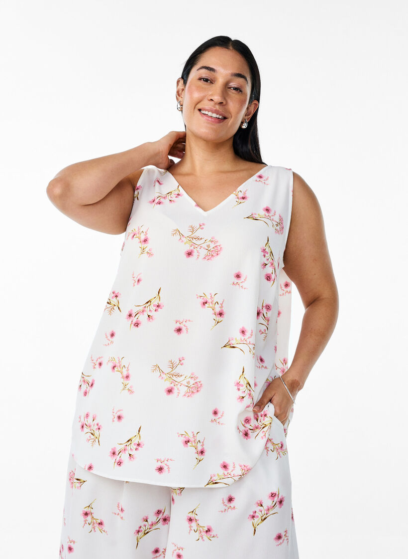 Top met print en V-hals, Wit, Model image number 0