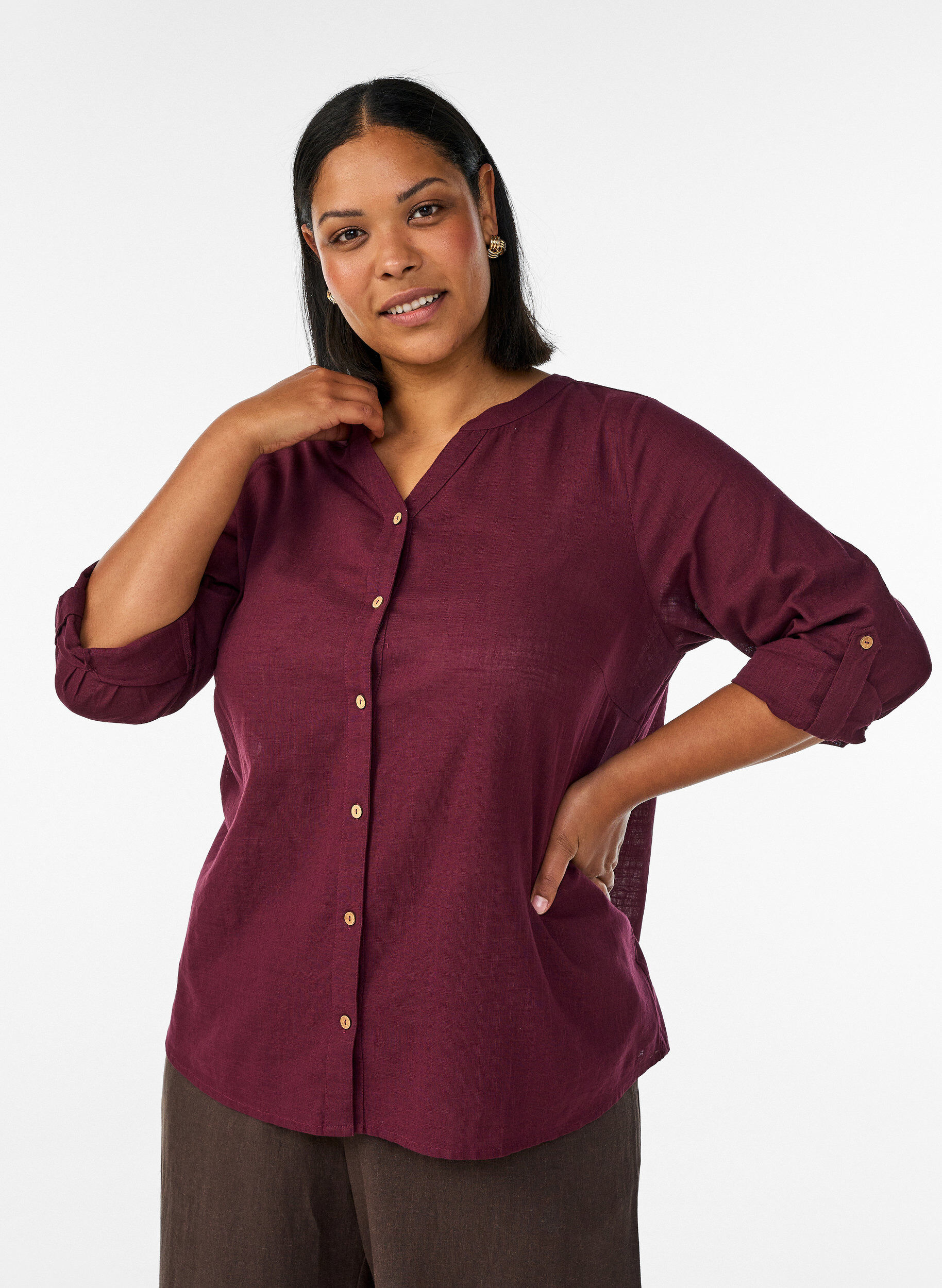 ZizziKatoenen blouse met een V-hals, Rood, Model image number 0