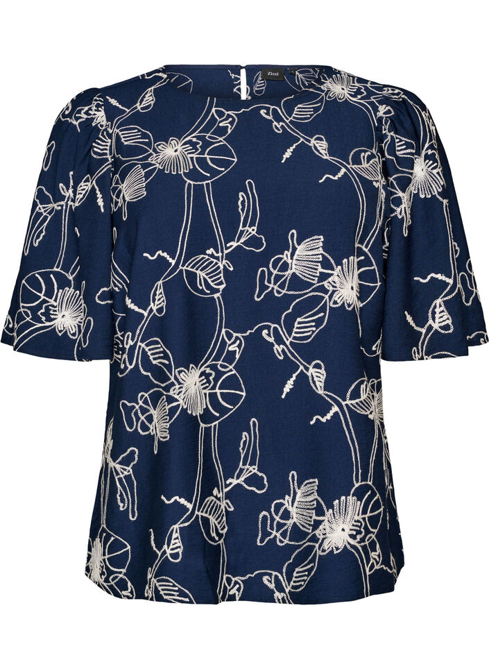 Blouse met korte mouwen en geborduurd patroon, Blauw, Packshot image number 0