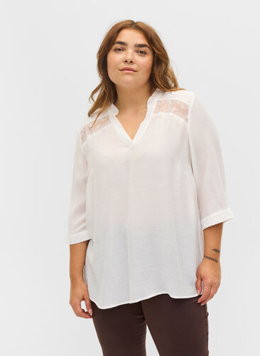 Viscose blouse met 3/4 mouwen en kant detail, Bright White, Model image number 0