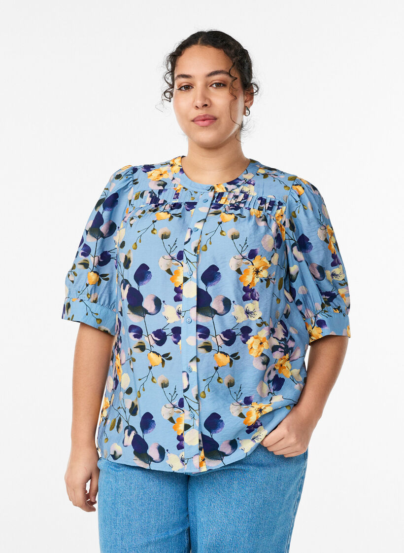 Blouse met patroon en 1/2 mouwen, Blauw, Model image number 0