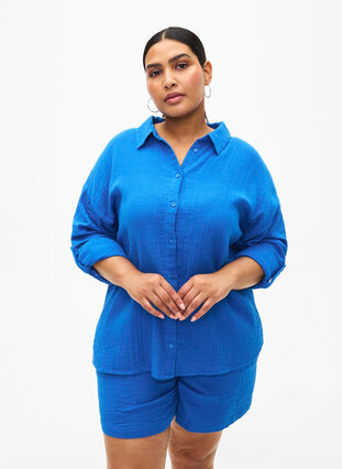 Katoenen mousseline korte broek met zakken, Victoria blue, Model image number 0