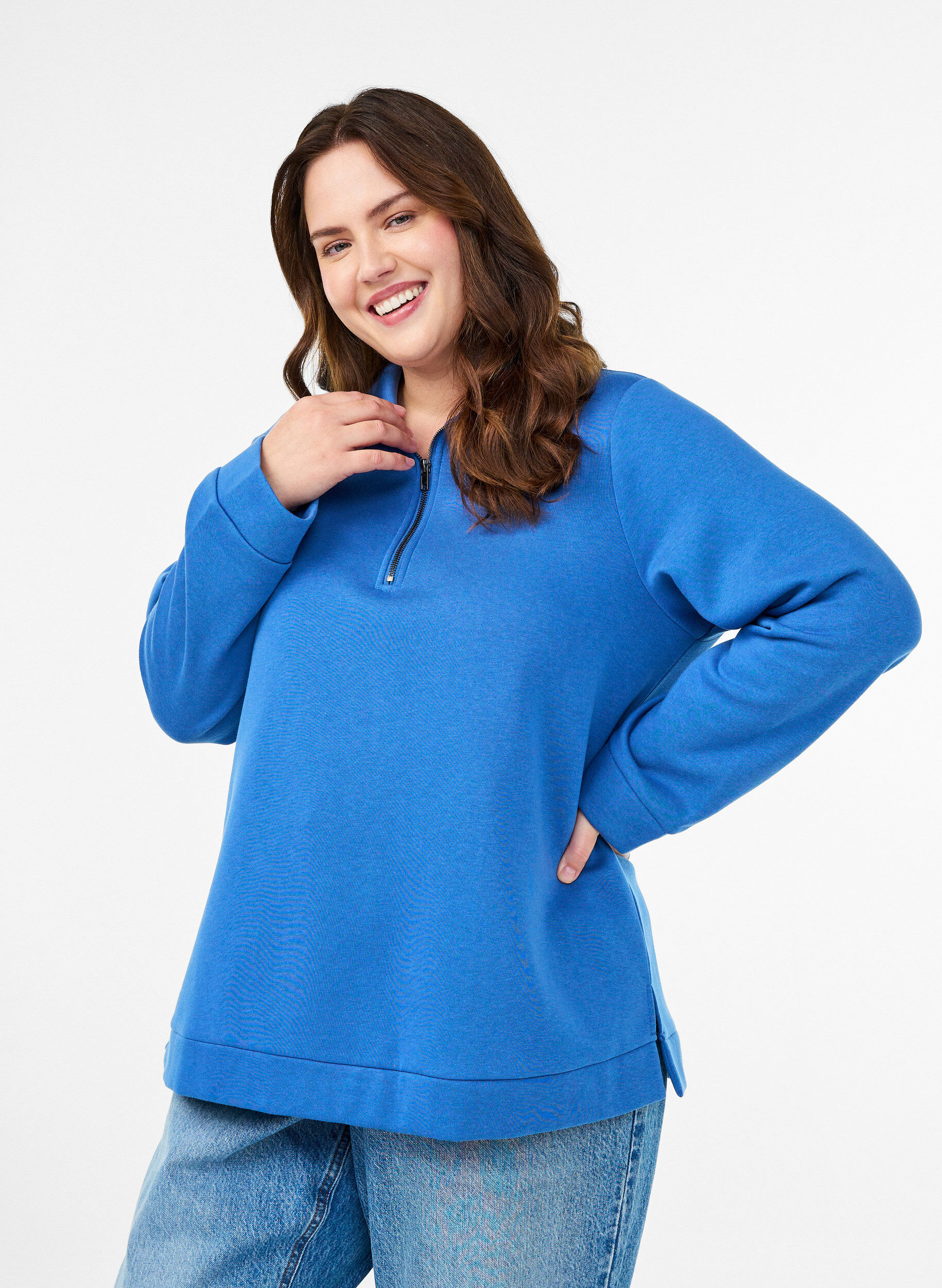 Zizzi Sweatshirt met hoge hals en ritssluiting, Blauw, Model image number 0