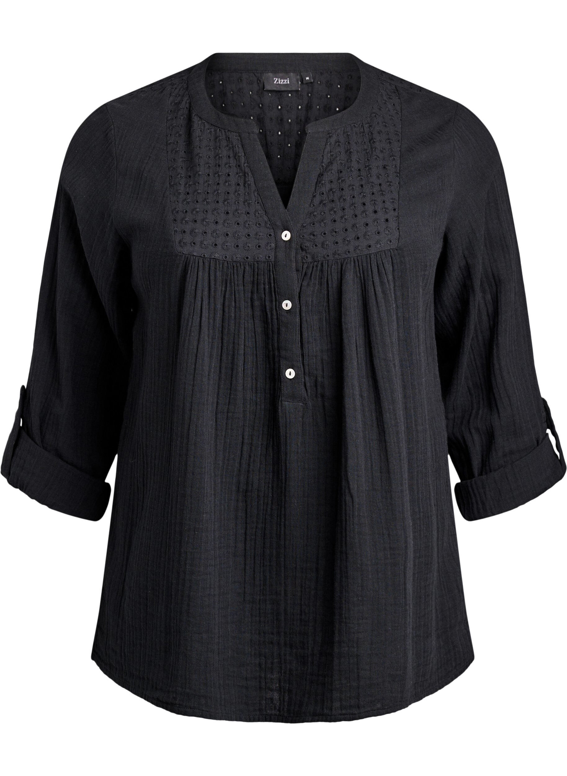 ZizziBlouse in katoenen mousseline met broderie anglaise, Zwart, Packshot image number 0