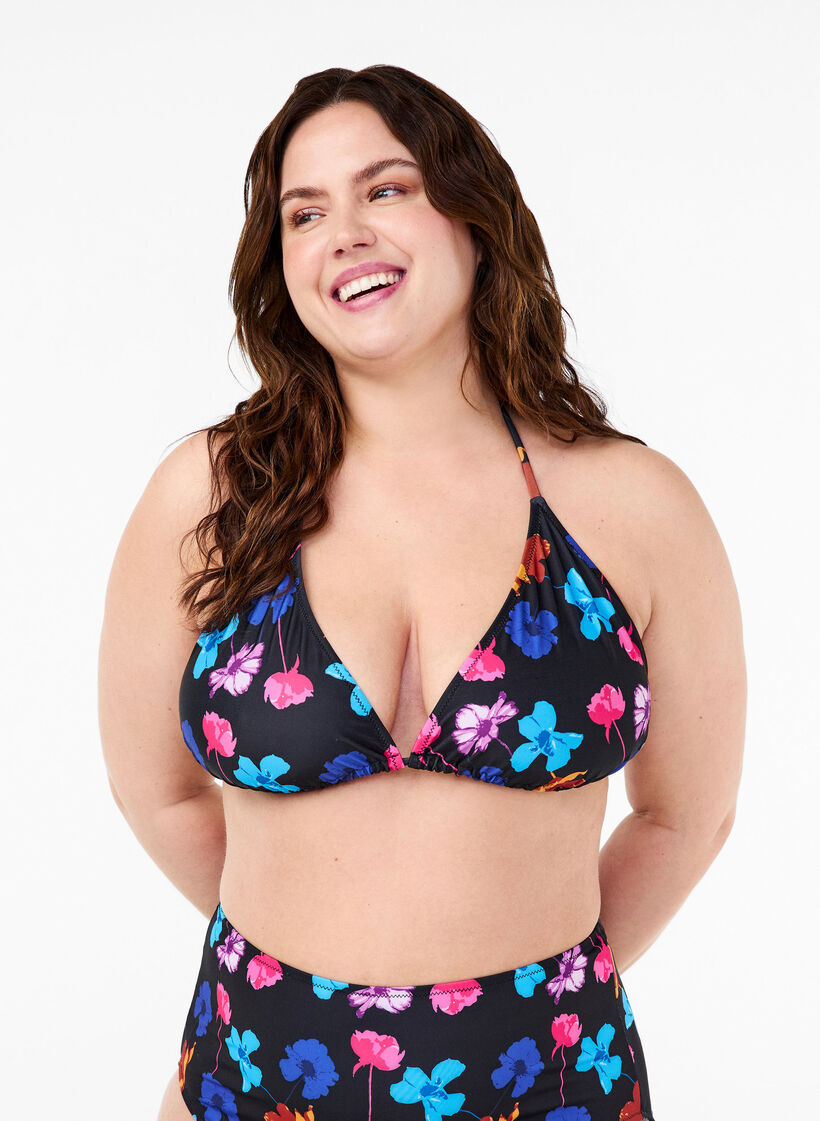 Driehoekige bikinitop met print, Zwart, Model image number 0