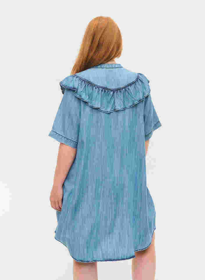 Denim jurk met ruches en korte mouwen, Blue denim, Model image number 1