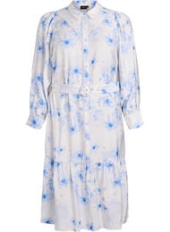Floral midi-jurk met een riem en lange mouwen, Blauw