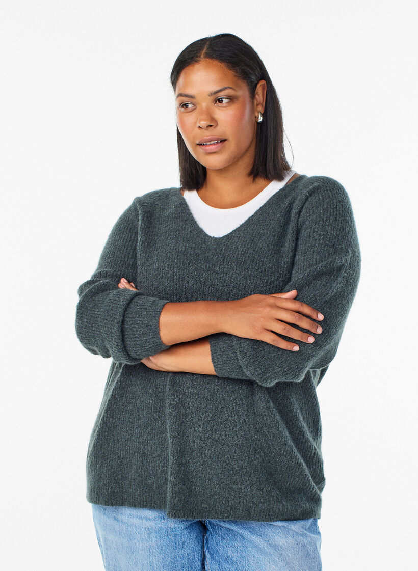 Gebreide blouse met V-hals en raglanmouwen, Groen, Model image number 0