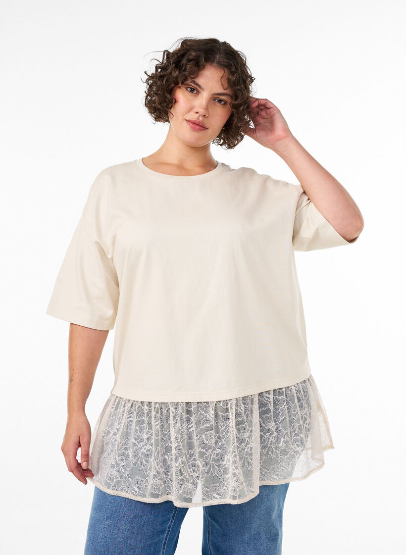 Los T-shirt met brede kanten rand, Vanille, Model image number 0