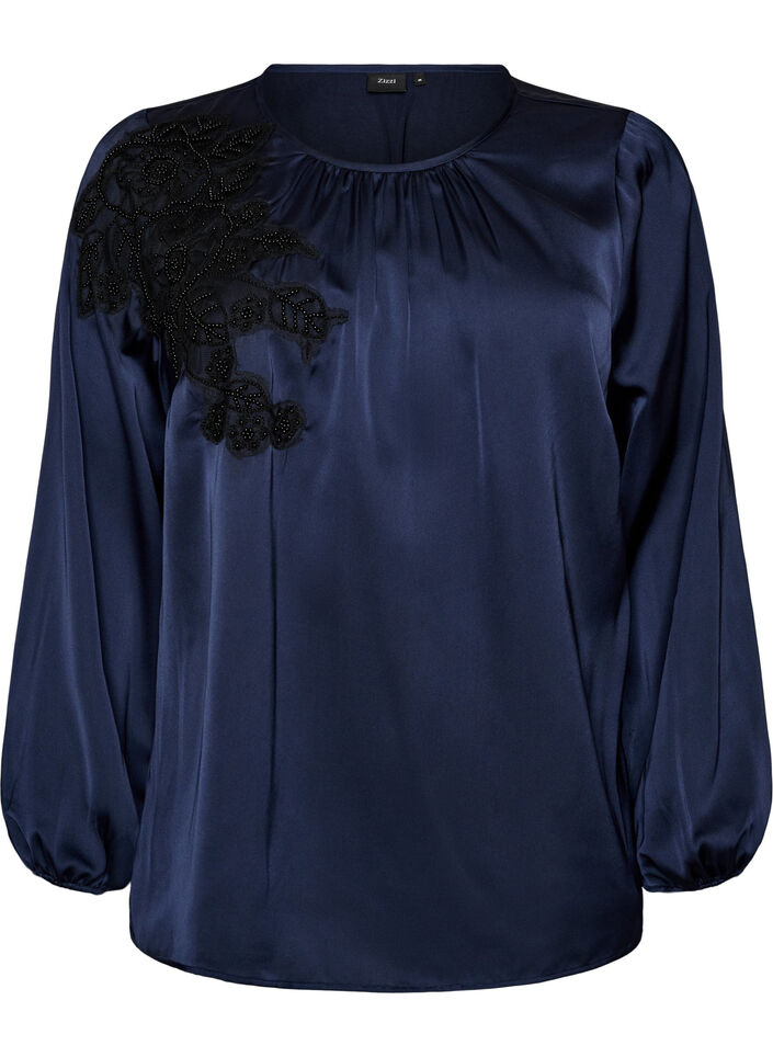 Satijnen blouse met kanten applicatie en parels, Blauw, Packshot image number 0