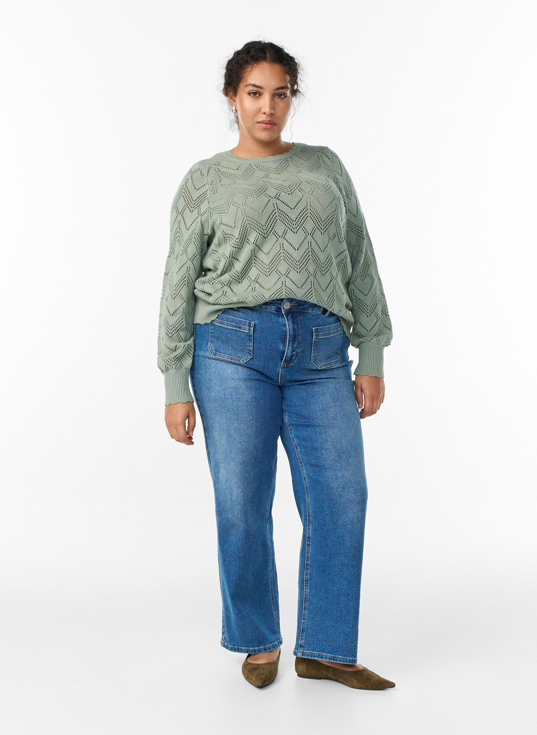 Zizzi Gebreide blouse met patroon, golvende rand en ronde hals, Groen, Model image number 1