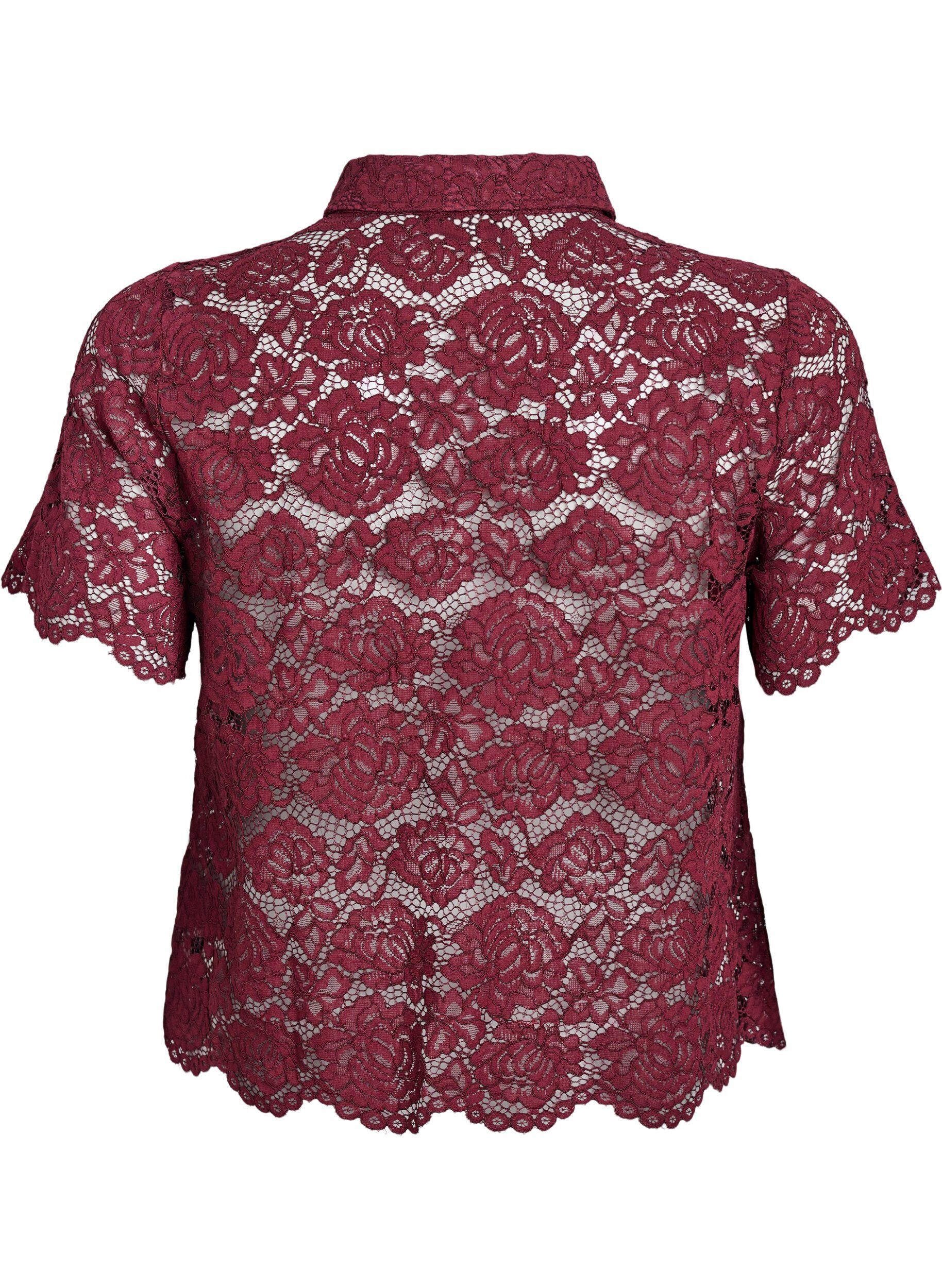 Zizzi Kanten shirt blouse met parelknopen, Donker Bordeaux, Packshot image number 1