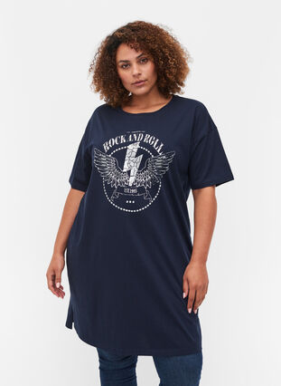 Katoenen T-shirt jurk met print details, Navy Blazer, Model image number 0