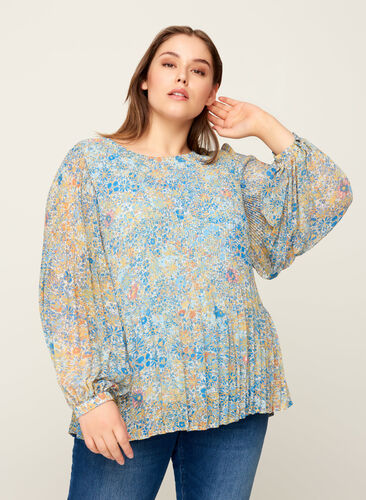 Geplooide blouse met bloemenprint, Light Blue Multi AOP, Model image number 0