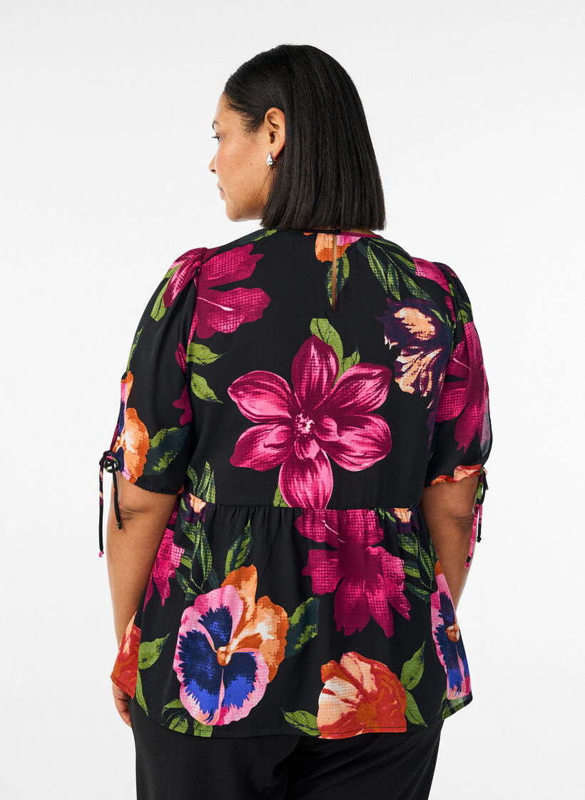 Blouse met bloemenprint en peplum, Zwart, Model image number 2