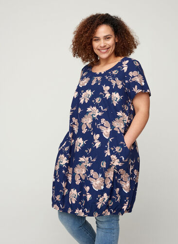 Katoenen jurk met korte mouwen en print, Blue Flower , Model image number 0