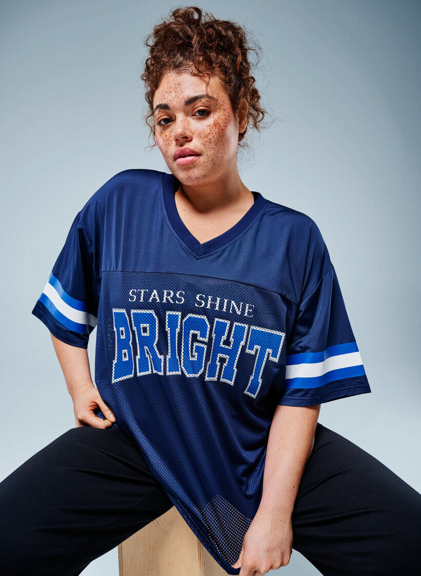 Workout T-shirt met V-hals en frontprint, Blauw, Image