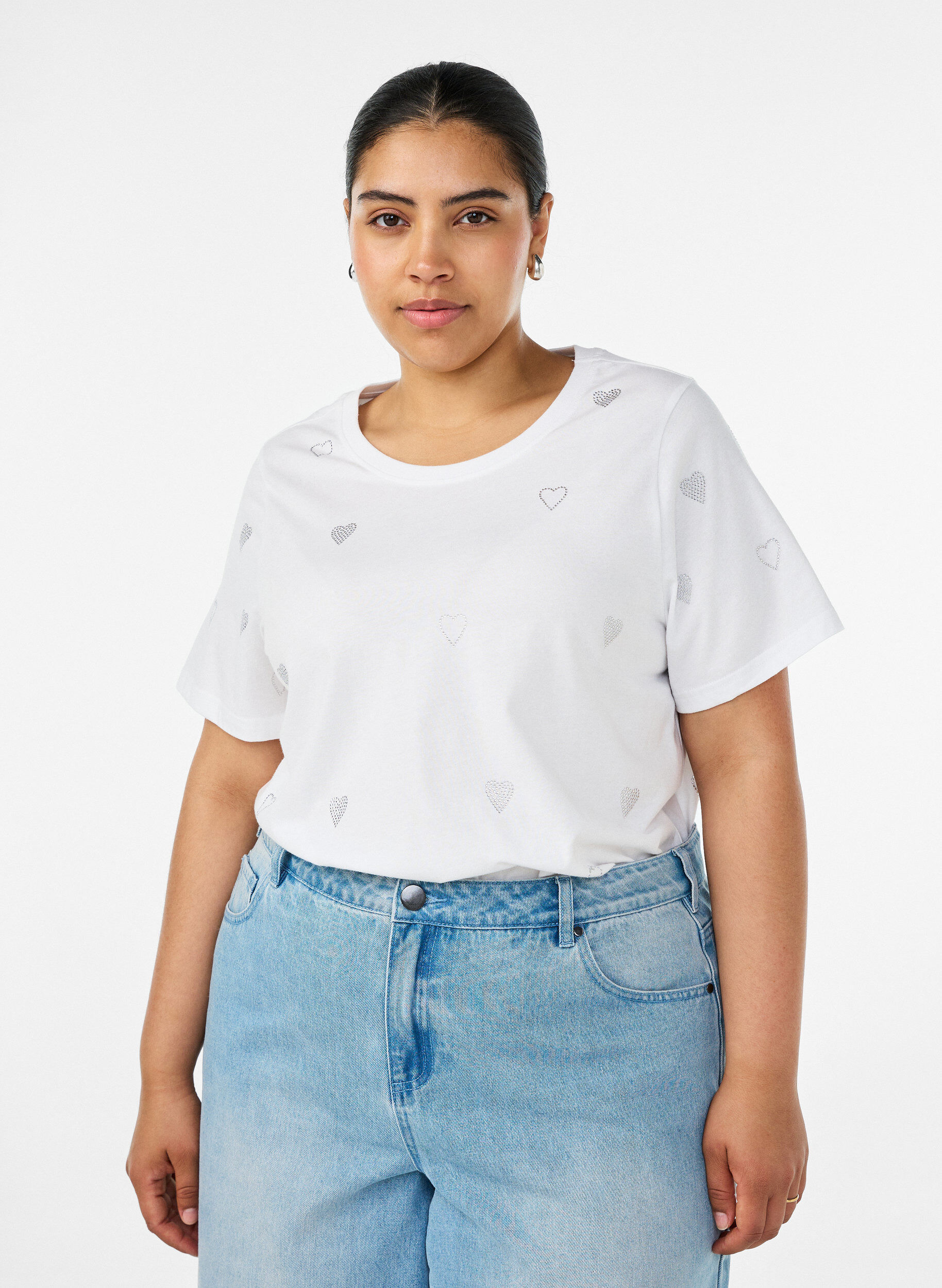 ZizziOrganisch katoenen T-shirt met hartjes, Wit, Model image number 0