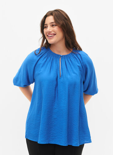 A-lijn viscose blouse met 3/4 mouw, Strong Blue, Model image number 0