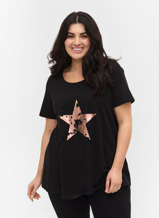 Katoenen t-shirt met korte mouwen en print, Black w. star copper, Model image number 0