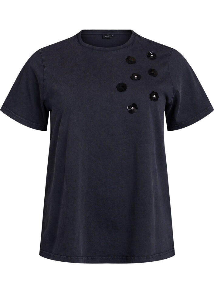 Gewassen T-shirt met bloemvormige pailletten, Grijs, Packshot image number 0