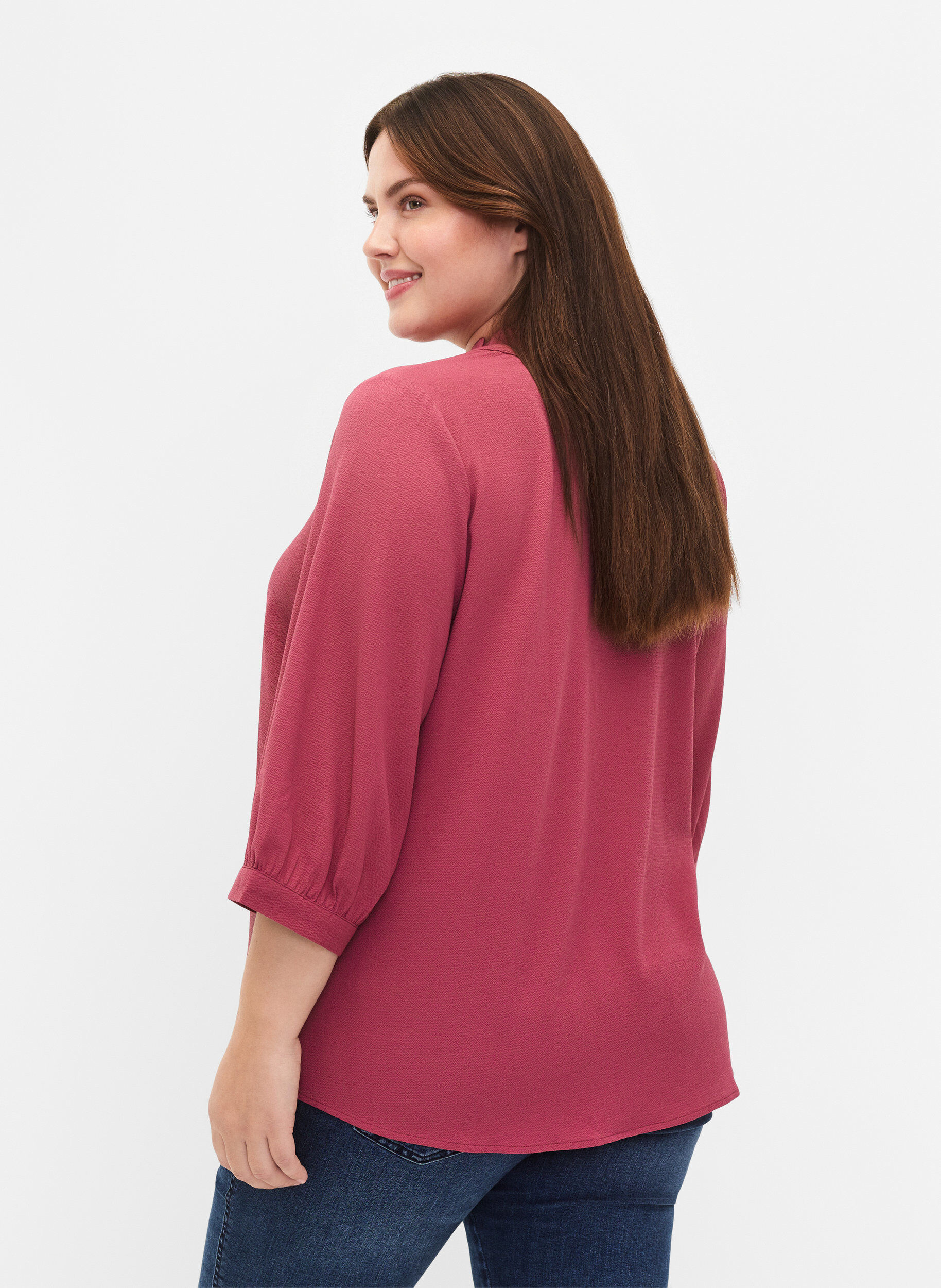 Zizzi Overhemdblouse met 3/4-mouwen en een kraag met ruches, Dry Rose, Model image number 1